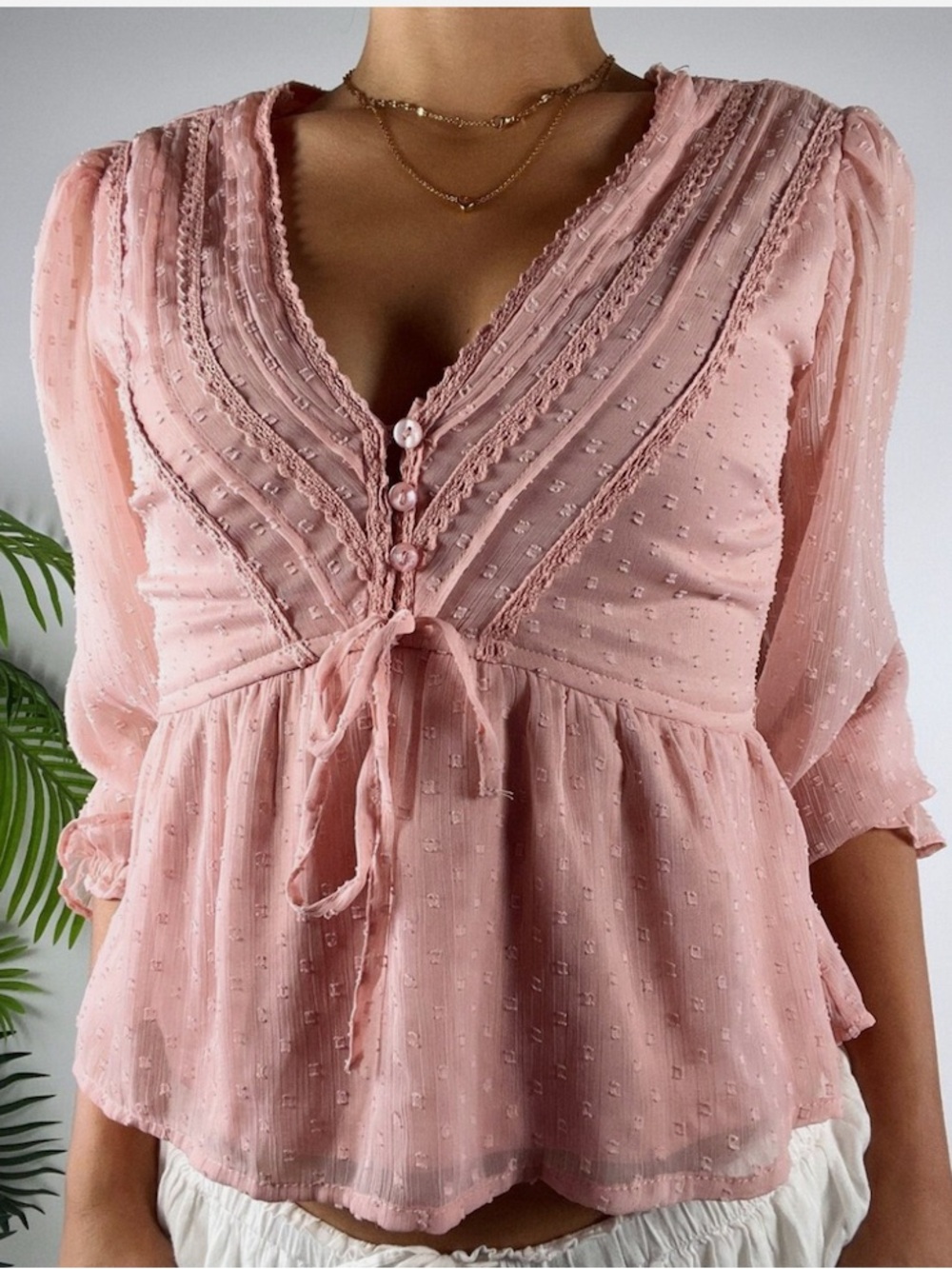 Japna Dusty Pink Coquette Shabby Chic Boho Babydoll Sheer Long Sleeve Top M Med
